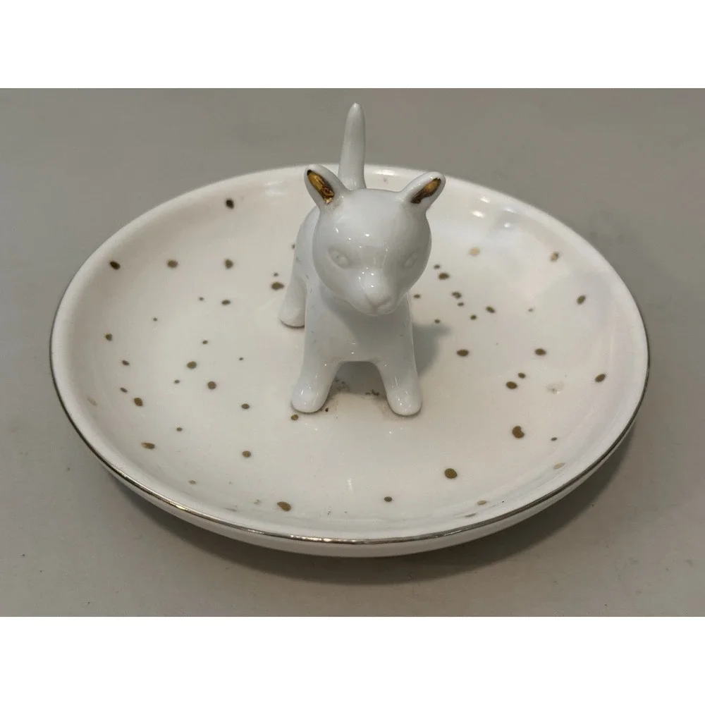 Cat Dish Ring Holder White With Gold Trim and Polka Dots